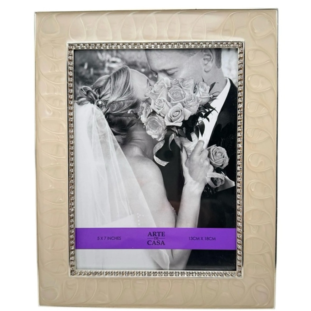 Arte De Casa Pearl Tone Swirl Enamel 5x7 Wedding Frame Rhinestone Inner Border